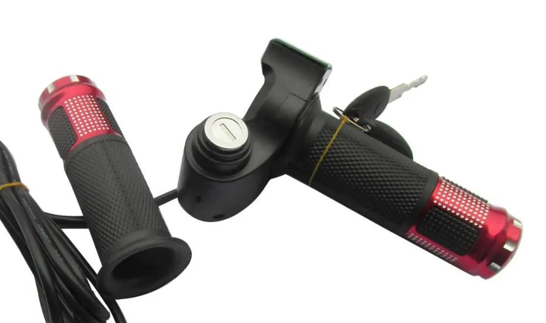 Electric vehicle handlebar control unit in blue, red, silver, and yellow colour options.