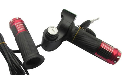 Electric vehicle handlebar control unit in blue, red, silver, and yellow colour options.