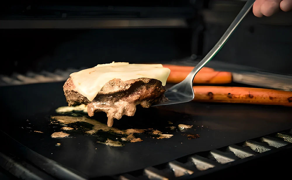 2 black nonstick BBQ grill mats placed on a barbecue grill, perfect for grilling meats, vegetables, and more without the mess.