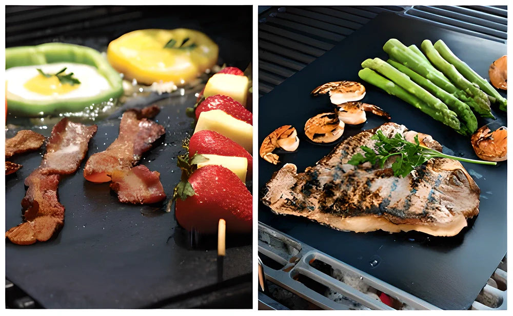 2 black nonstick BBQ grill mats placed on a barbecue grill, perfect for grilling meats, vegetables, and more without the mess.