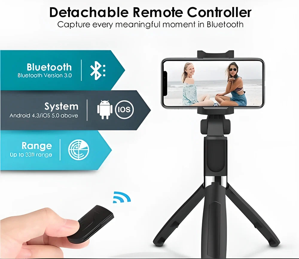 A 3-in-1 wireless Bluetooth selfie stick and tripod with a smartphone mounted on top, allowing for remote-controlled photography and video capture.