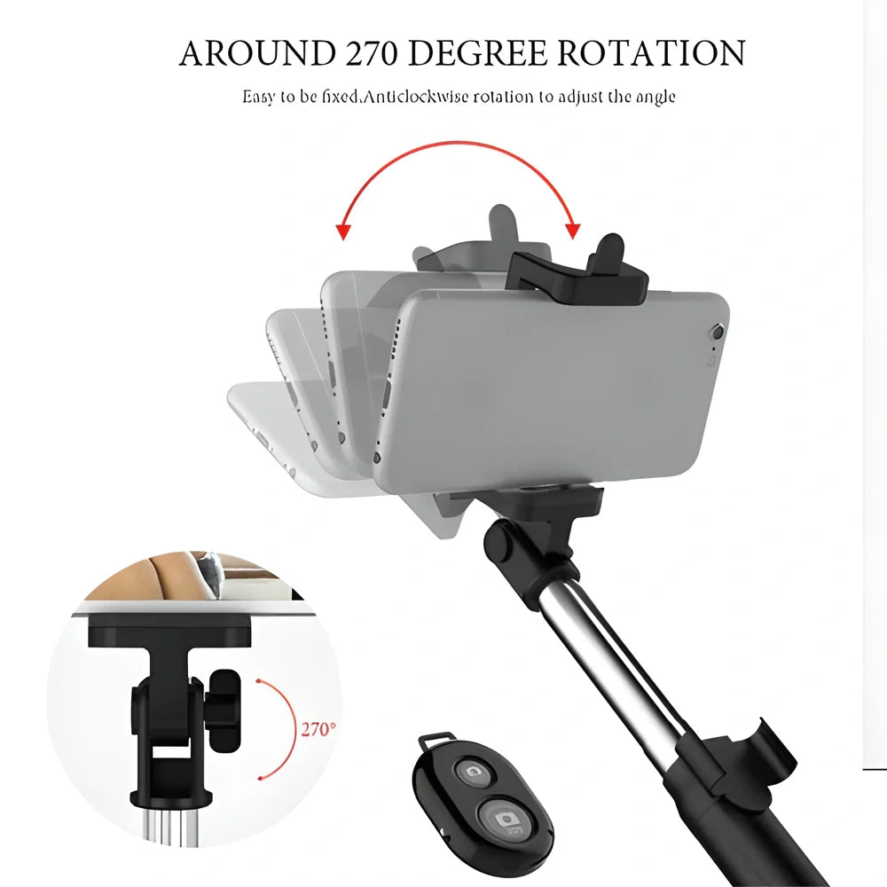 A 3-in-1 wireless Bluetooth selfie stick and tripod with a smartphone mounted on top, allowing for remote-controlled photography and video capture.