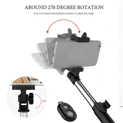 A 3-in-1 wireless Bluetooth selfie stick and tripod with a smartphone mounted on top, allowing for remote-controlled photography and video capture.
