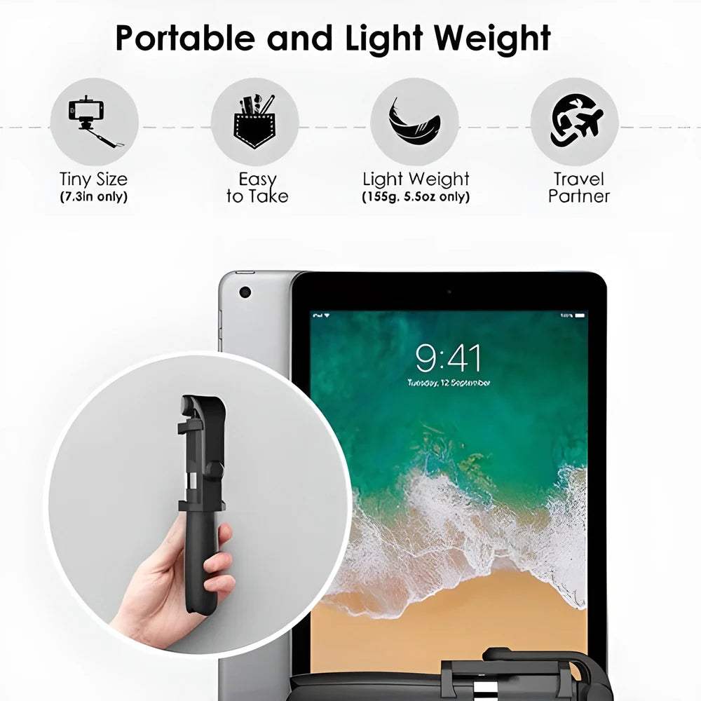 A 3-in-1 wireless Bluetooth selfie stick and tripod with a smartphone mounted on top, allowing for remote-controlled photography and video capture.