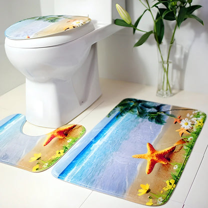 A 3-piece set of anti-slip bathroom mats in various decorative designs, including a rectangular bath mat, U-shaped toilet pad, and toilet lid cover.