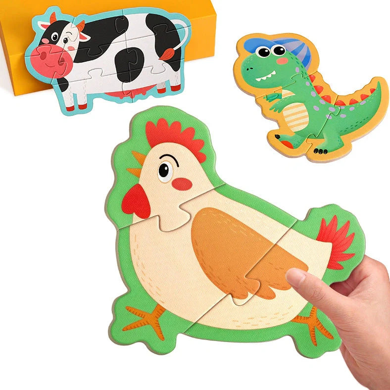 Five educational puzzle boxes for infants with animal, fruit, farm, transportation, and profession themes