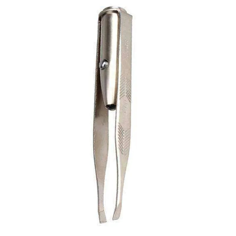 Close-up of stainless steel LED eyebrow tweezers with illuminated tip and push-button switch.