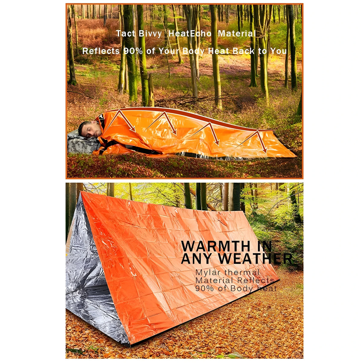 Reusable emergency sleeping bag in PE, 200cm x 90cm, waterproof thermal survival bivvy for camping and outdoor use.