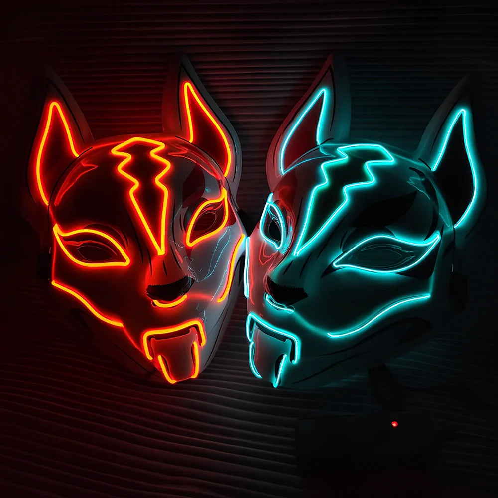 Glowing blue cat face mask with LED illumination measuring 28cm by 18cm for cosplay and Halloween events
