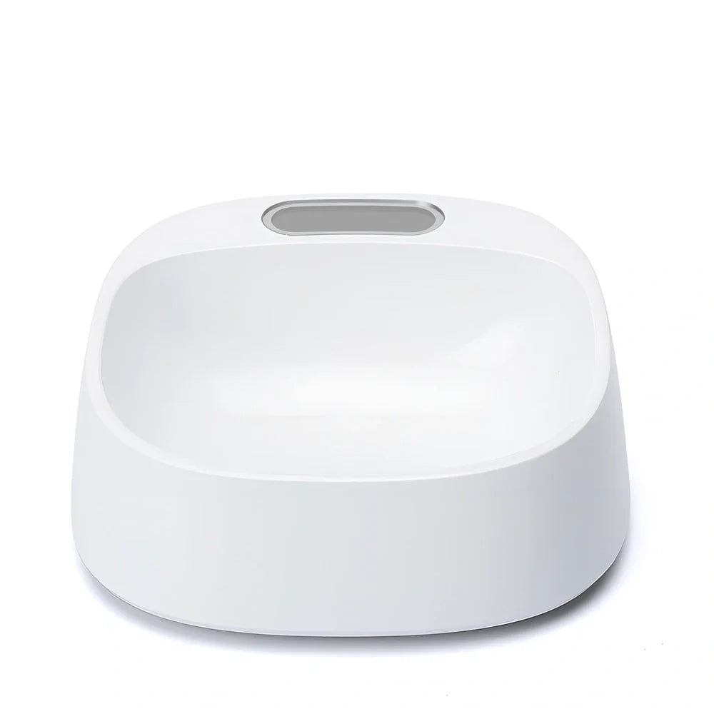 White smart weighing pet bowl with digital display and four stabilising feet for accurate food measurement