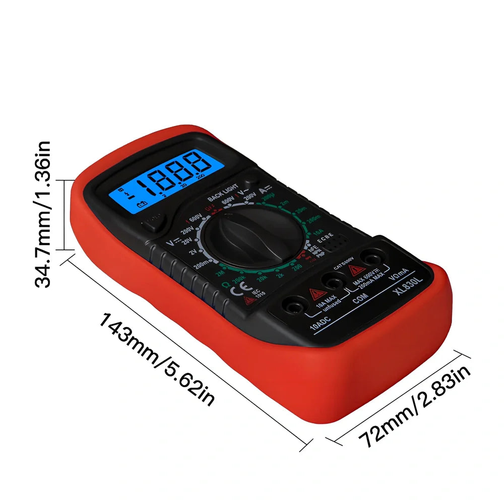 Digital multimeter with black and yellow housing showing 45x20mm LCD display for electrical measurements