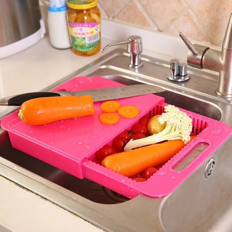 Blue multifunction kitchen chopping board with integrated drain basket and TPE handle