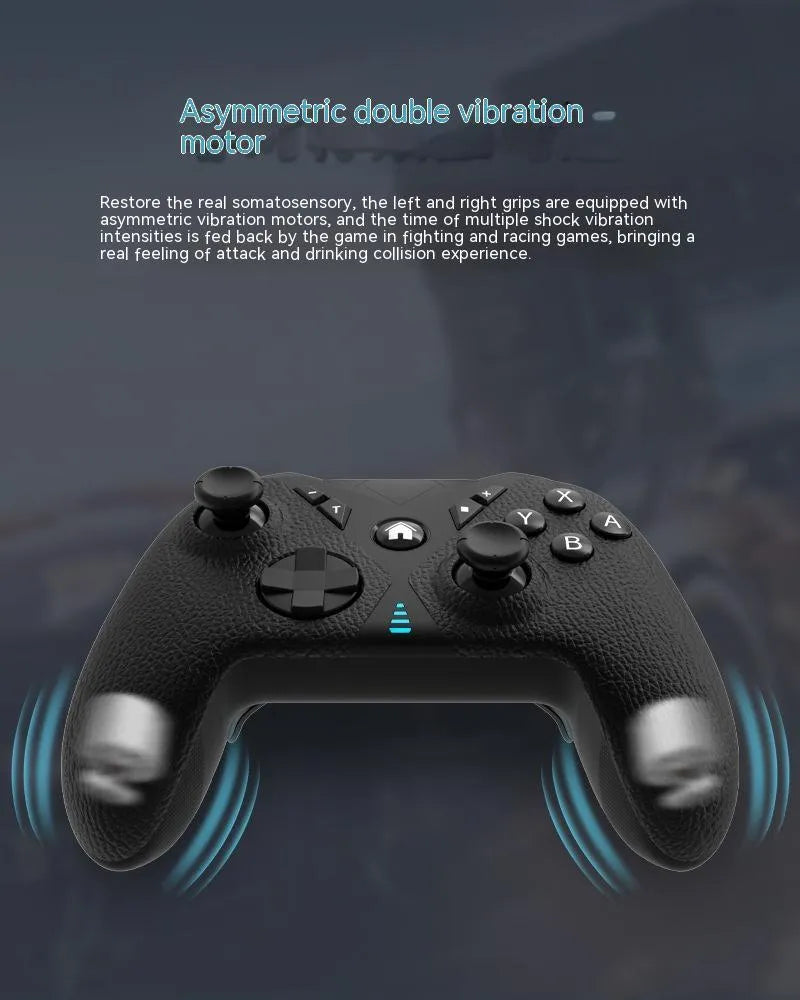 Black wireless game controller with leather-textured ABS plastic body, showing dimensions and Type-C port