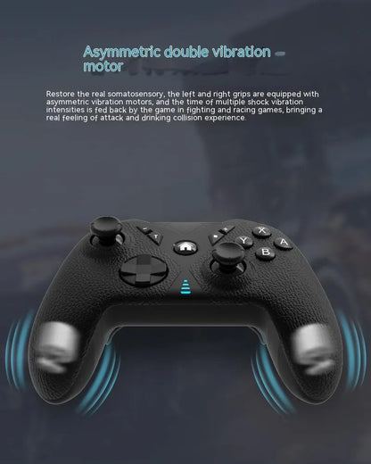 Black wireless game controller with leather-textured ABS plastic body, showing dimensions and Type-C port