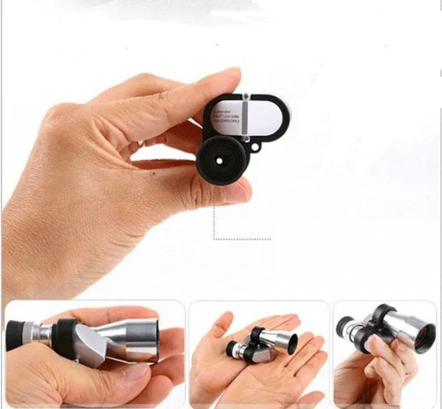 Compact aluminium alloy pocket monocular telescope with folded eyecup on a canvas bag with lens cloth.