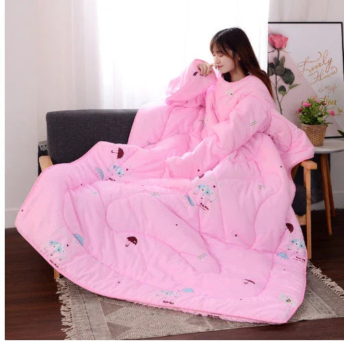 Cozy fleece blanket with sleeves in various colors, perfect for relaxing and enjoying indoor activities