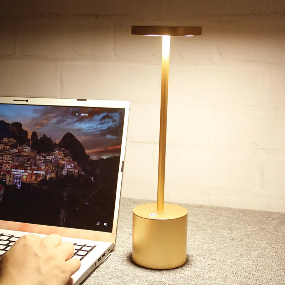 Gold LED table lamp with 38.5cm aluminium body and acrylic shadow showing 20 LED beads