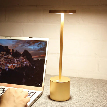 Gold LED table lamp with 38.5cm aluminium body and acrylic shadow showing 20 LED beads