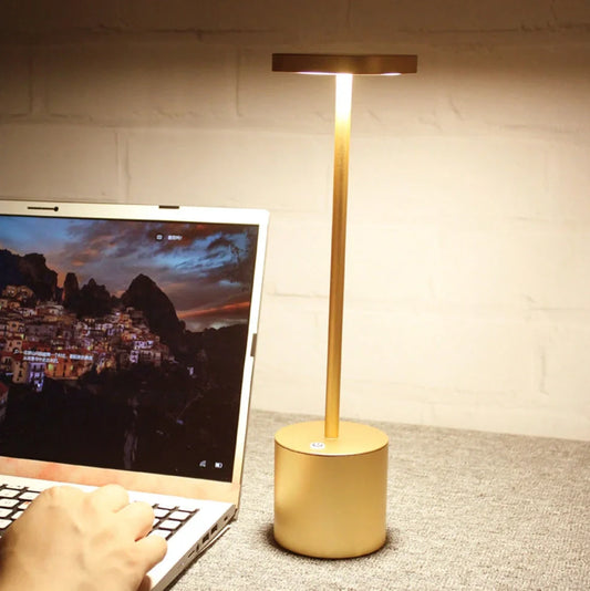 Gold LED table lamp with 38.5cm aluminium body and acrylic shadow showing 20 LED beads
