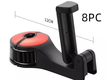 360° rotating car headrest hook phone holder in black, beige, red, or blue