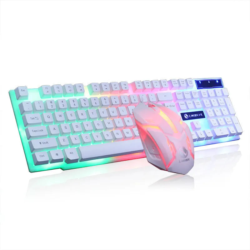 Limei Gtx300 keyboard and mouse set in black with orange glow backlight on desktop