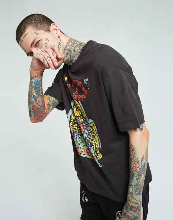 Men's frayed printed short sleeve cotton top in dark grey, loose round neck design, sizes M L XL