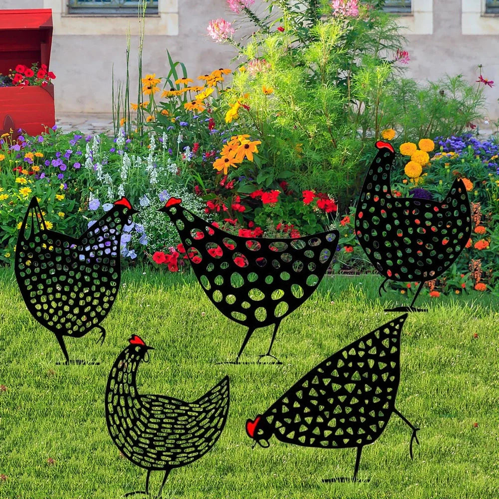Set of powder-coated metal chicken yard art stakes, sizes 15-35 cm, with lifelike hen silhouettes for garden decor