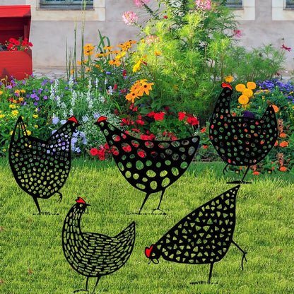 Set of powder-coated metal chicken yard art stakes, sizes 15-35 cm, with lifelike hen silhouettes for garden decor
