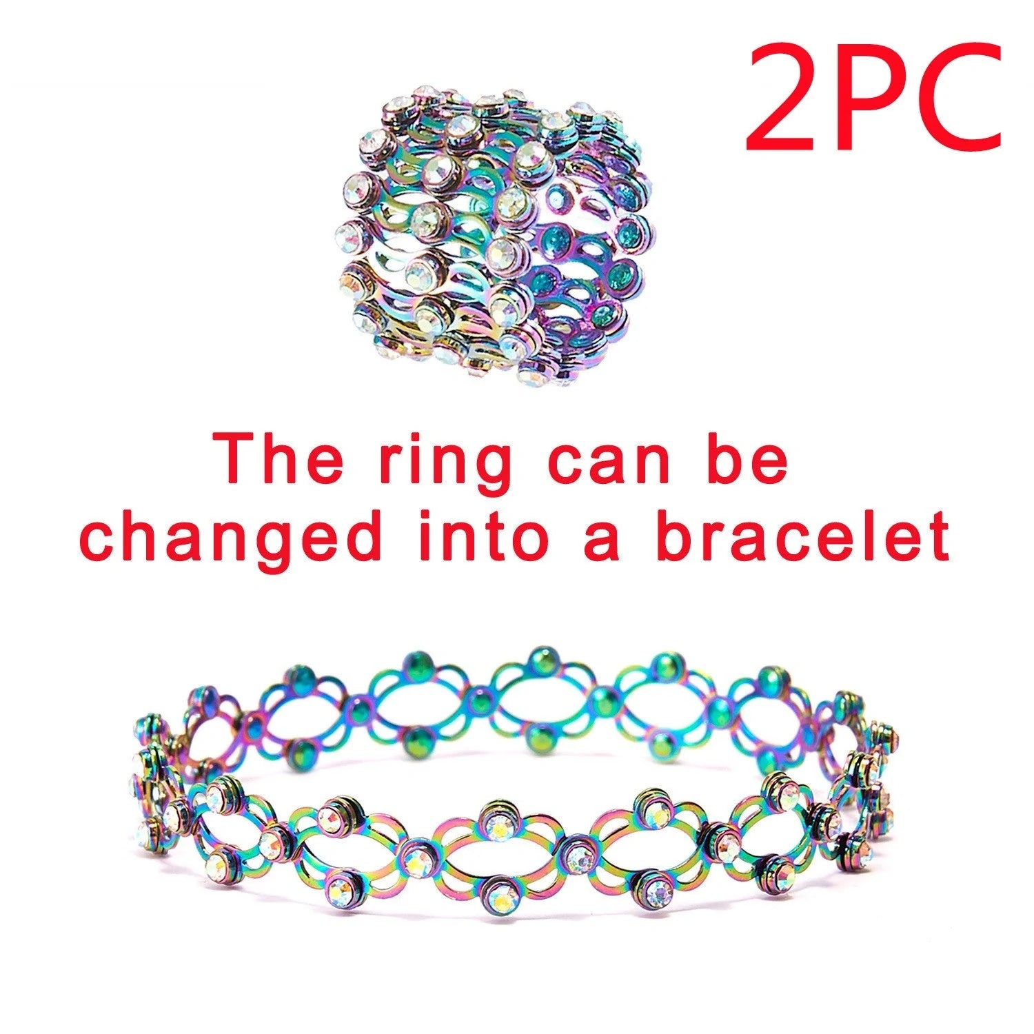 Adjustable 2-in-1 folding rings bracelet with rhinestones for women in various colors