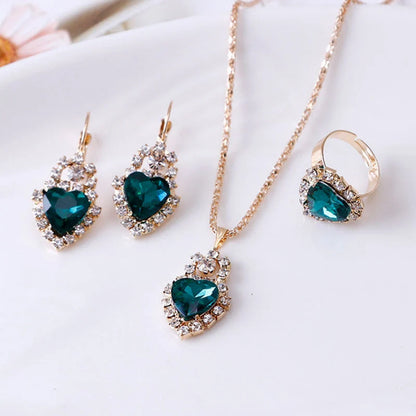 Elegant water drop rhinestone necklace, earrings, and ring set in various colors