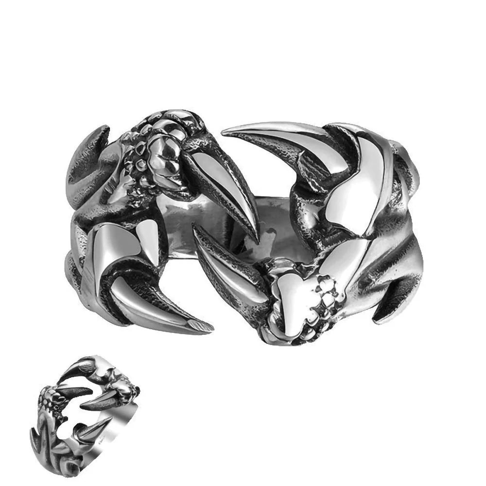 Men's open dragon claw ring in titanium steel with chrome finish