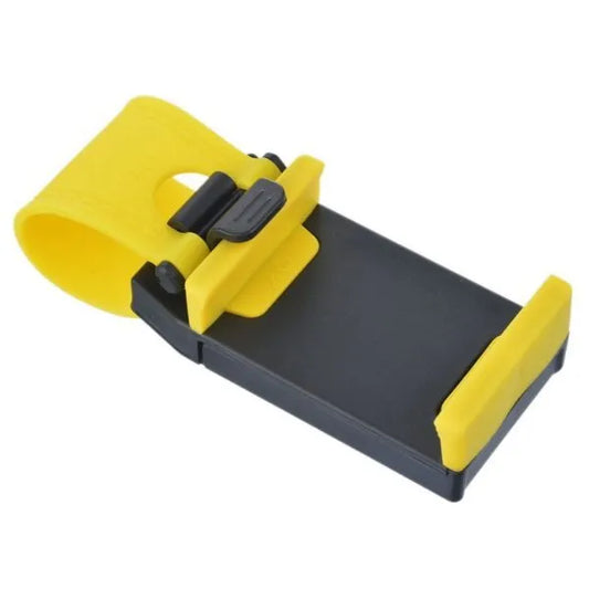 Black steering wheel phone holder with 75mm clip mounted on car wheel holding smartphone