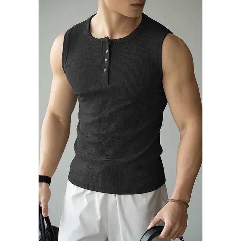 Men's black stretch fitness vest with a sunken stripe texture and straight hem