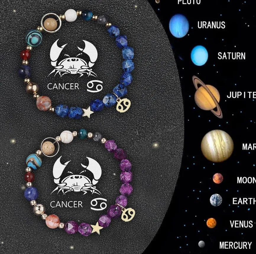 Twelve Zodiac Sign Beaded Bracelet Set with natural stone beads and adjustable cord on wrist
