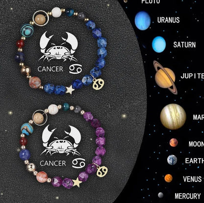 Twelve Zodiac Sign Beaded Bracelet Set with natural stone beads and adjustable cord on wrist