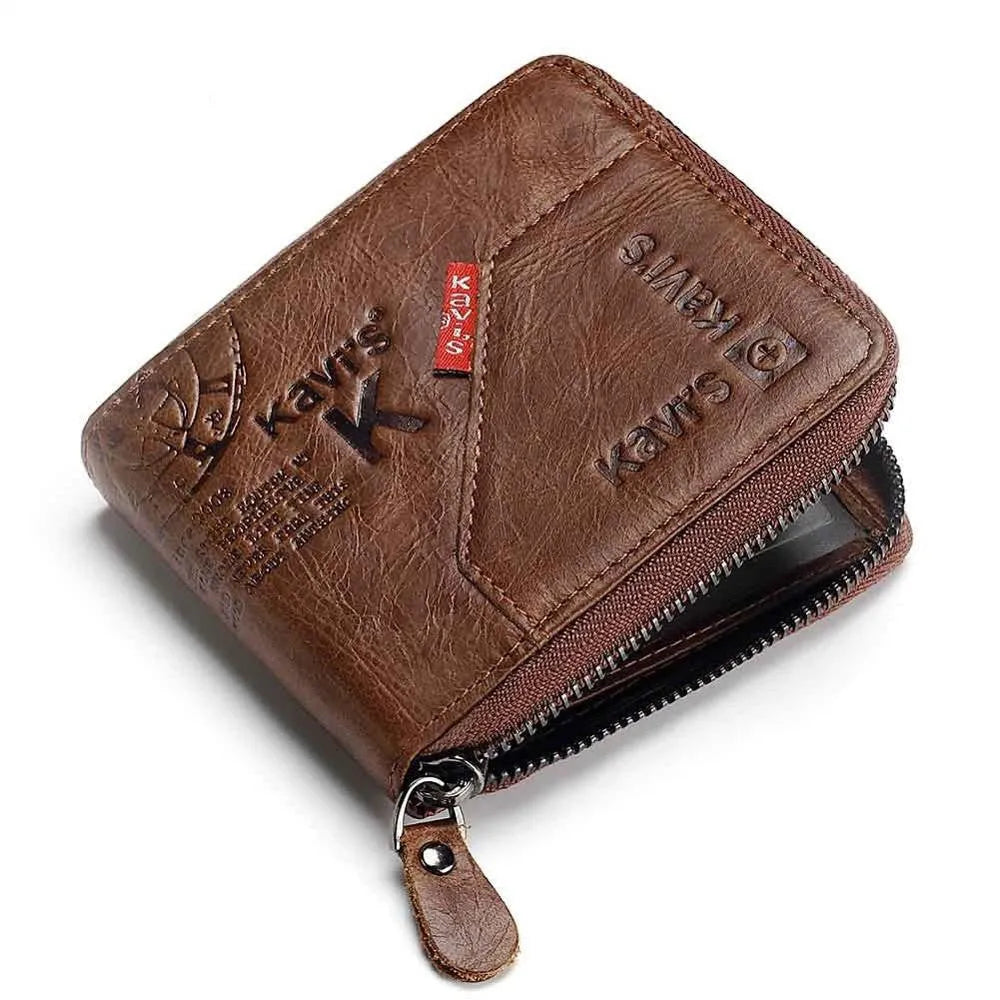 Men's coffee-colour genuine leather wallet with vintage locomotives pattern and multiple internal compartments