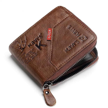 Men's coffee-colour genuine leather wallet with vintage locomotives pattern and multiple internal compartments
