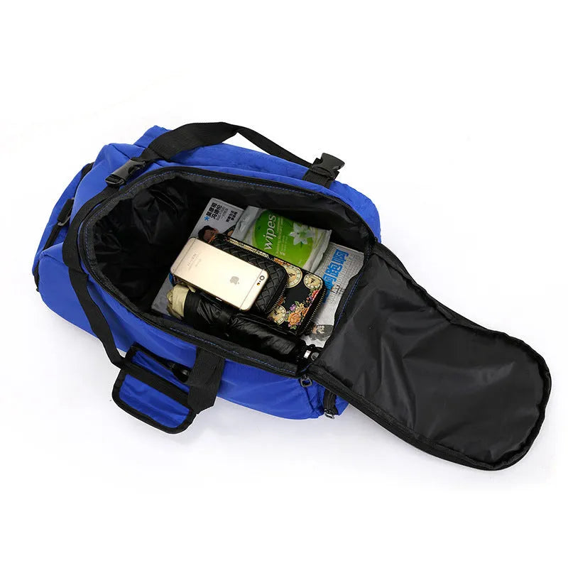 Oxford cloth fitness bag with three shoulder straps, soft handle, printed text pattern, square vertical shape, Large size