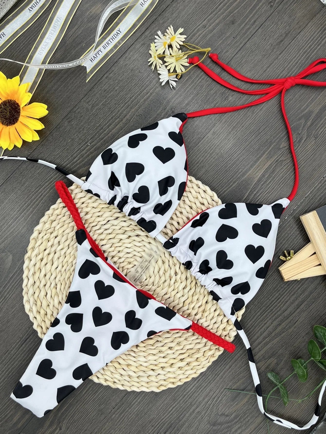 Backless one-piece swimsuit with heart print in quick-drying nylon fabric