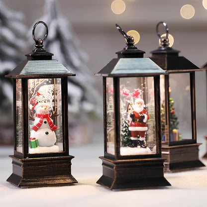 Compact 13cm Christmas LED flame small oil lamp in snowman motif on wooden shelf, square plastic base with flickering electronic light