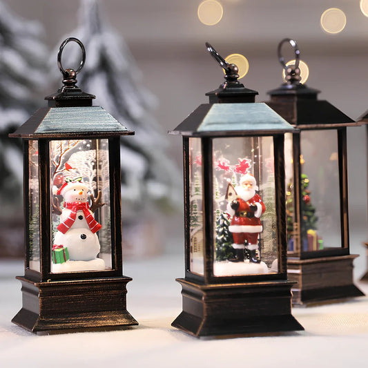 Compact 13cm Christmas LED flame small oil lamp in snowman motif on wooden shelf, square plastic base with flickering electronic light