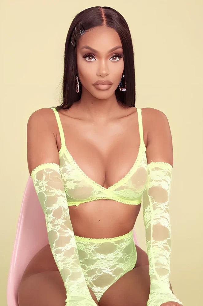 Women's fluorescent green three-point strap lingerie set with adjustable straps