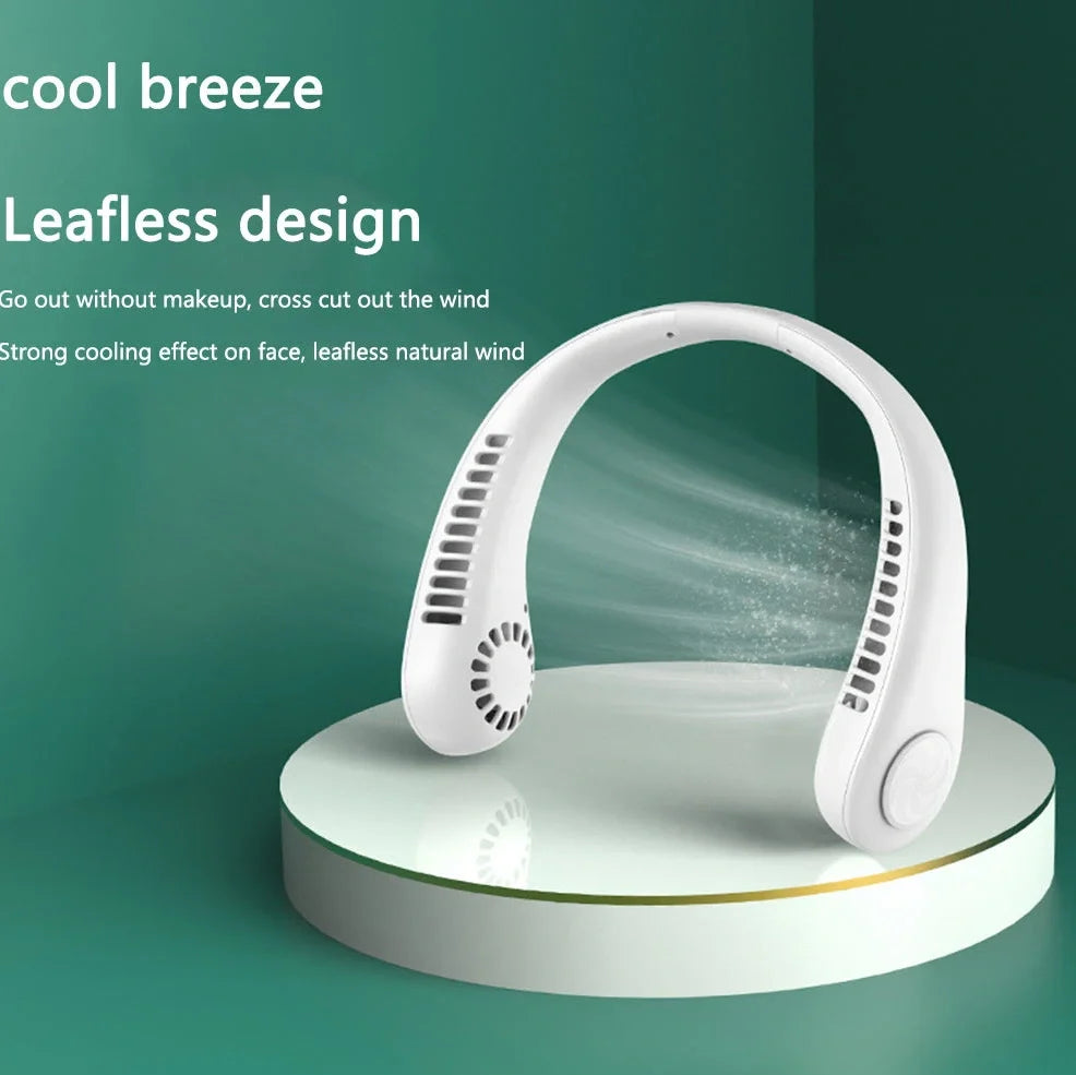 White hanging neck fan with flexible dual wind heads showing 78 air outlets and USB Type-C charging port