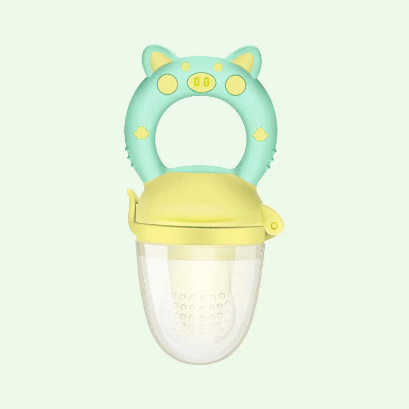 Blue, green, and pink silicone baby teethers with textured surfaces for chewing.