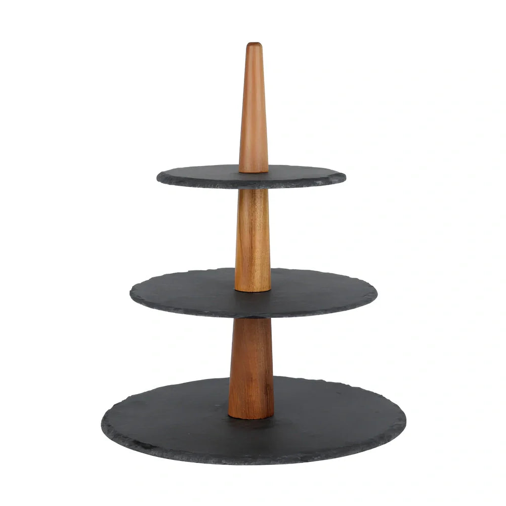 Wooden multi-layer cake plate with hand-painted decoration showing three round serving levels