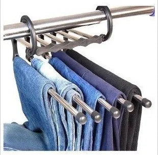 Five-boom stainless steel wardrobe hanger for trousers showing both level and vertical hanging methods