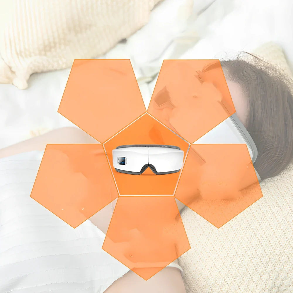 White folding eye massager device with LCD screen, shown in open and closed positions