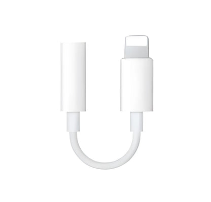 White Lightning to 3.5mm audio adapter cable for Apple iPhone on a dark background