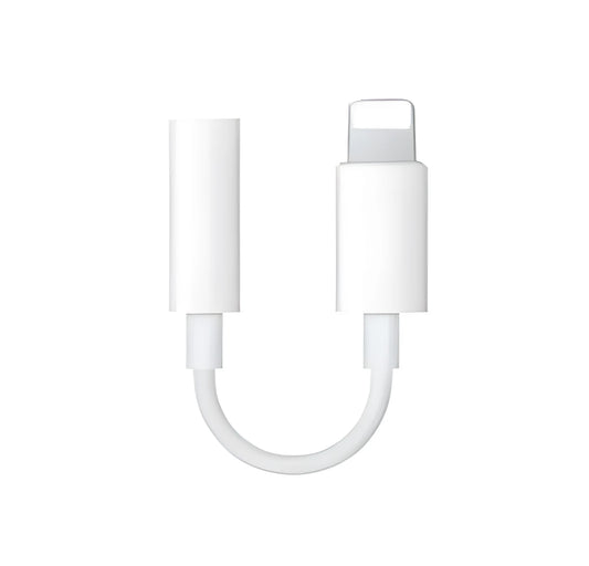 White Lightning to 3.5mm audio adapter cable for Apple iPhone on a dark background