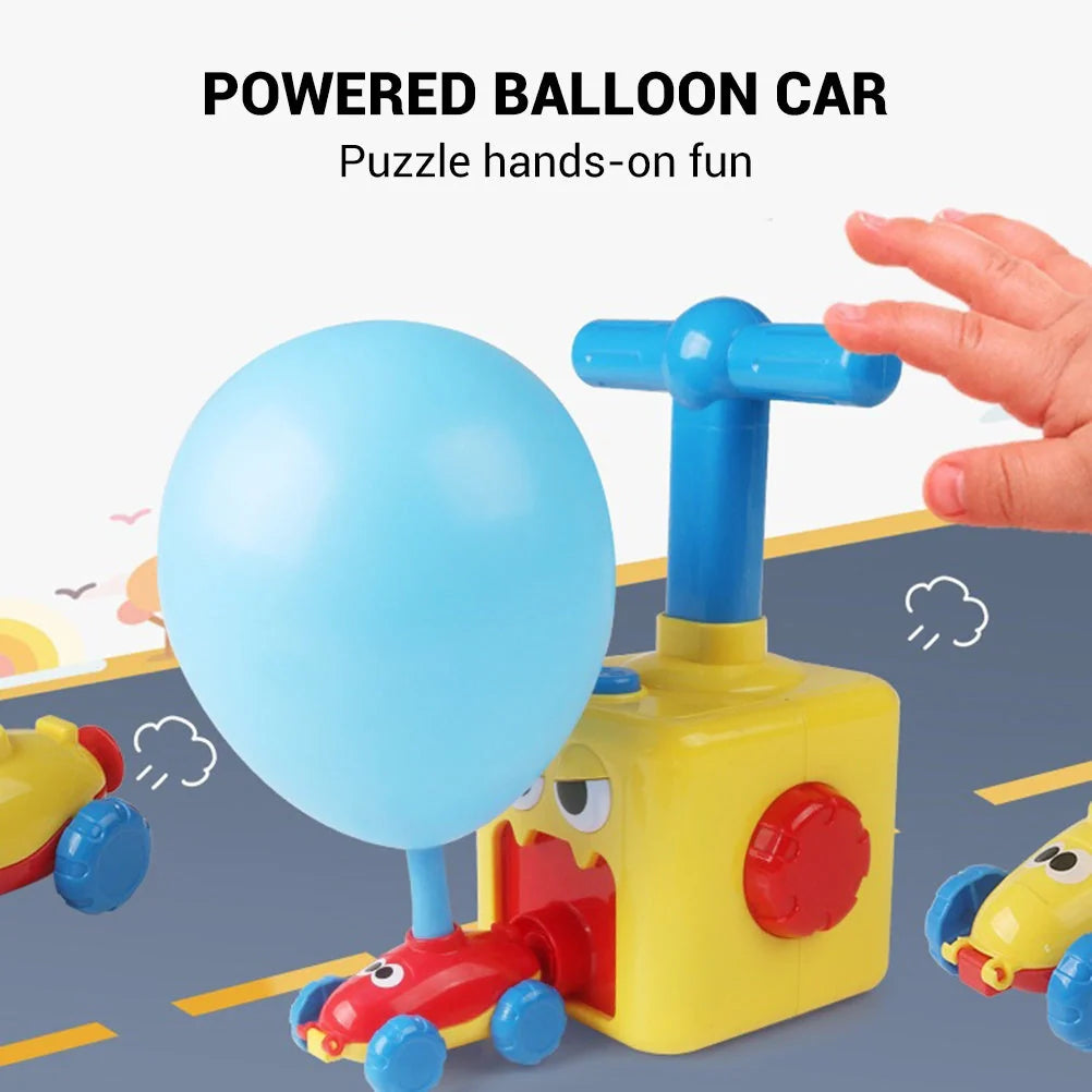 Children playing with eco-friendly balloon-powered car toy, learning aerodynamics